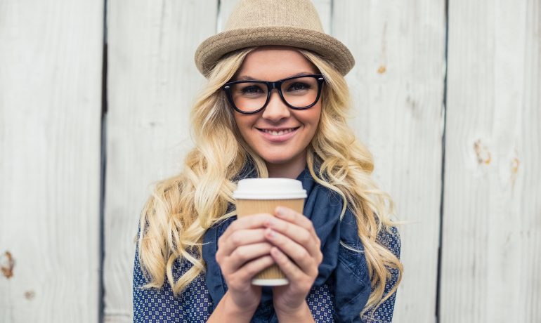 girl with glasses, hat and coffee