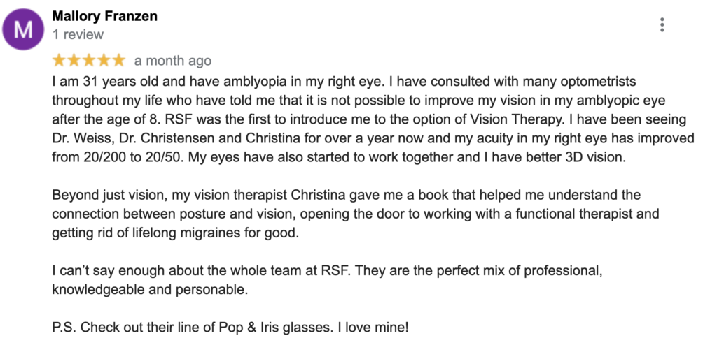 Detailed customer review for RSF Optometry eye care services