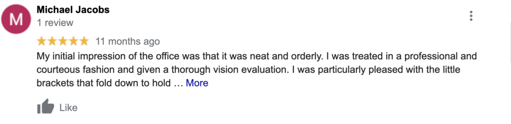 Grateful patient review for RSF Optometry's exceptional care