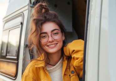 Motion Sickness Symptoms - Smiling woman with glasses in yellow jacket inside van