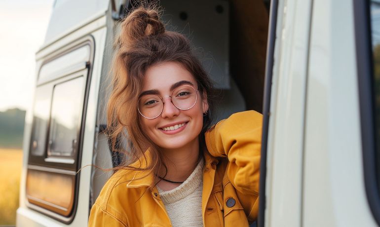 Motion Sickness Symptoms - Smiling woman with glasses in yellow jacket inside van